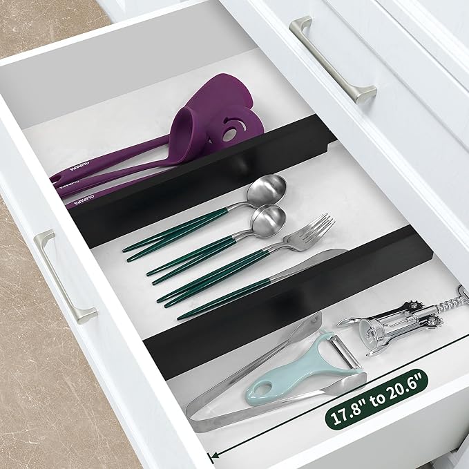 Utoplike 4 pcs Bamboo Kitchen Drawer Dividers Large, Adjustable Black Drawer Organizers, Spring Loaded, Works in Kitchen, Dresser, Bathroom, Bedroom, Drawer, Desk