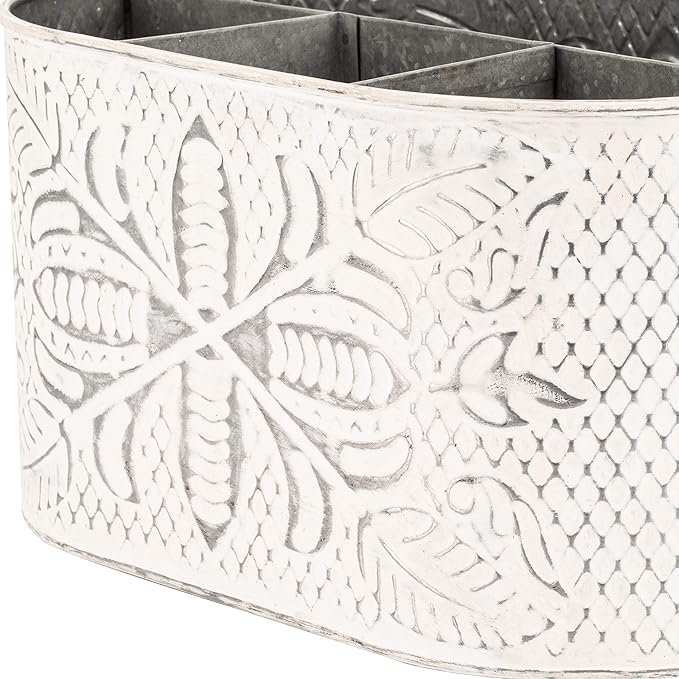 CRAFTSMAN ROAD Distressed White Metal Caddy – Farmhouse Galvanized Kitchen Organizer with Handle – Vintage Rustic Multi-Compartment Holder for Napkins, Plates, Cutlery, Flatware, Cleaning Supplies