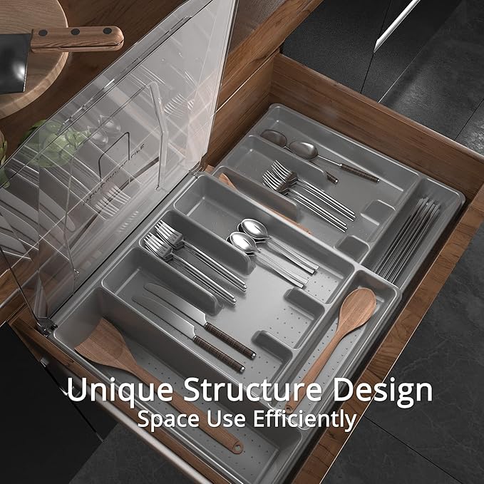 Double Layer Silverware Organizer with Lid, Utensil Holder with Cover, Flatware Cutlery Storage Oranizer, Gray