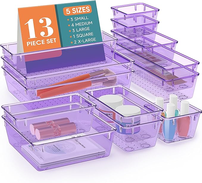 WOWBOX 13 PCS Plastic Drawer Organizer Set, Desk Drawer Divider Organizers and Storage Bins for Makeup, Jewelry, Gadgets for Kitchen, Bedroom, Bathroom, Office, Purple