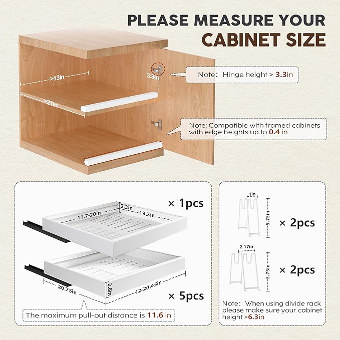 6 Pack Pull Out Cabinet Organizers 21" Deep With Raising Pad for Framed Cabinets, Expandable Slide Out Drawers with 4pcs Divider Racks, Roll Out Shelves, Adjustable Width 12"-20.45" White