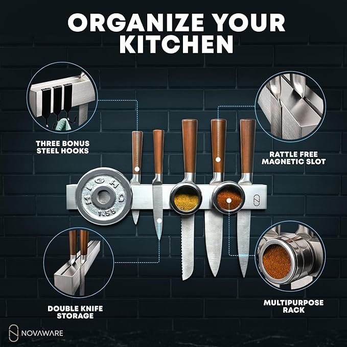 16" Magnetic Knife Holder for Refrigerator with 2x Storage - Safe, Patented Storage Design - Stainless Steel Double Sided Magnetic Kitchen Knife Holder for Fridge - Magnet Strip Utensil Organizer