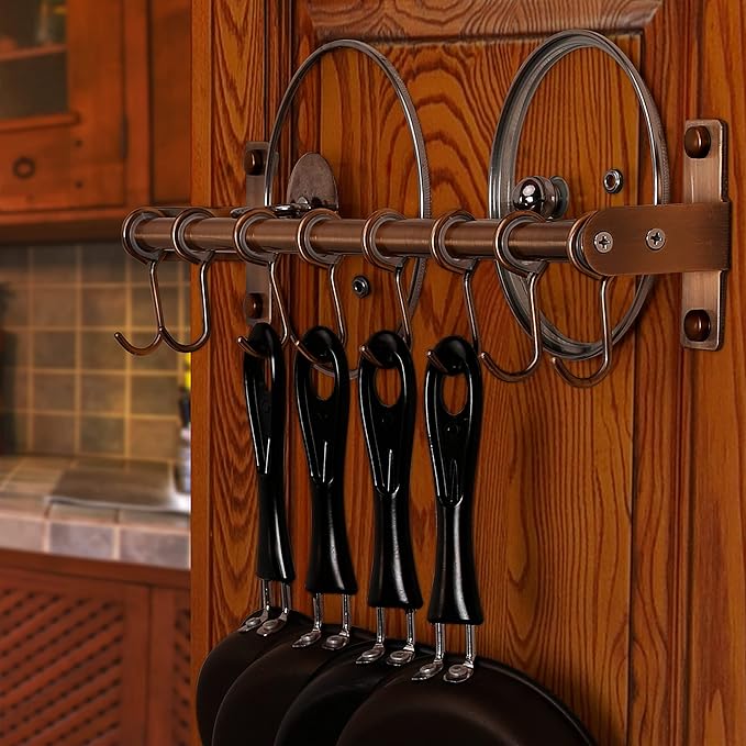 Dseap Kitchen Hooks for Hanging Utensils, Hanging Pot Rack, Kitchen Utensil Hanger Rail with 8 Hooks for Pots Pans, Spoons, Mugs, Wall Mounted, Stainless Steel, Antique Copper, Pack of 2