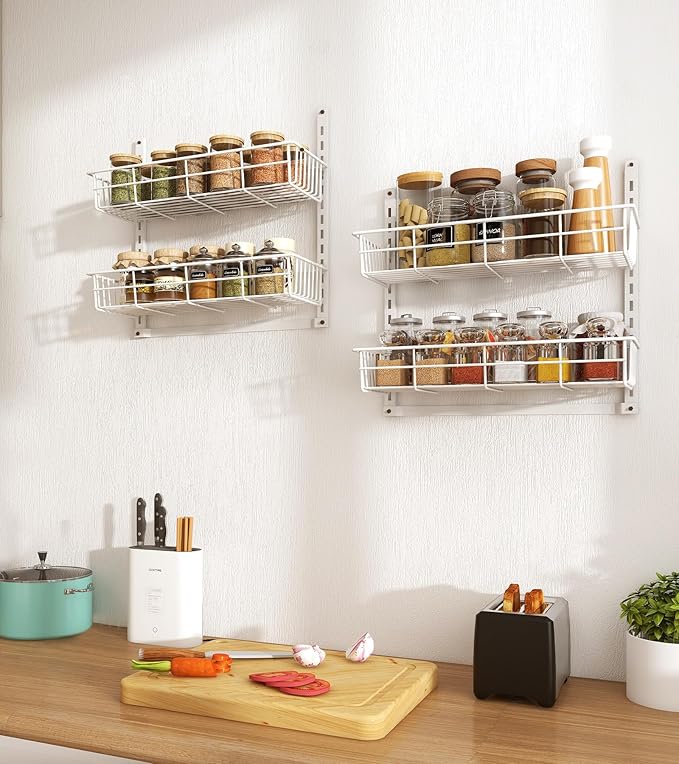 Over The Door Pantry Organizer, Wall Mount Spice Rack, Pantry Hanging Storage and Organization, 6 Adjustable Baskets Heavy-Duty Metal for Home & Kitchen, Back of Door Seasoning Rack - White