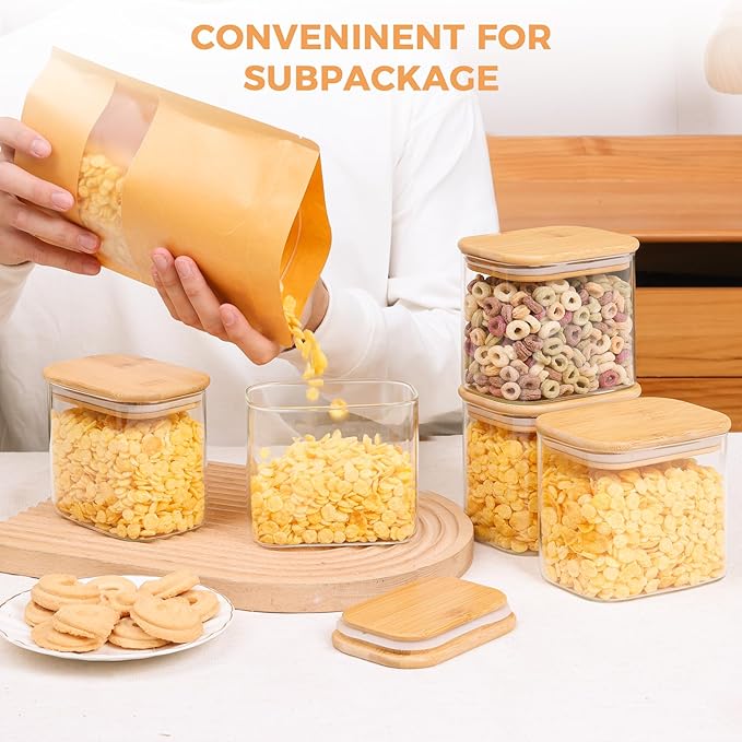 ComSaf 26oz Rectangle Glass Storage Containers with Lids, Glass Jars with Bamboo Lids, Clear Food Jar, Sugar Coffee Containers, Small Pantry Storage Container for Tea Candy Nuts Spices Oat