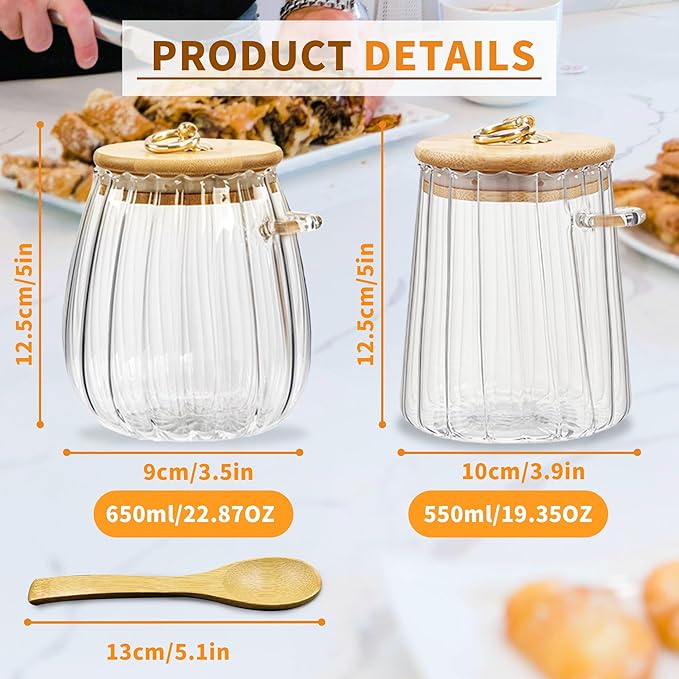 2 Pcs Glass Jars with Bamboo Lids and Spoon, Sugar Container Set, Coffee Grounds Container, Jars for Overnight Oats, Loose Leaf Tea Storage, Spice Jars for Countertop (2)