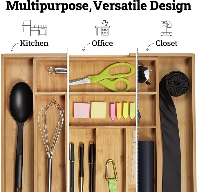 Dynamic Gear Premium Bamboo Drawer Organizer, Silverware Organizer, 100% Pure Bamboo, Adjustable Utensil Organizer, Kitchen Drawer Organizer, Silverware Tray for Drawer (6-8 slots)