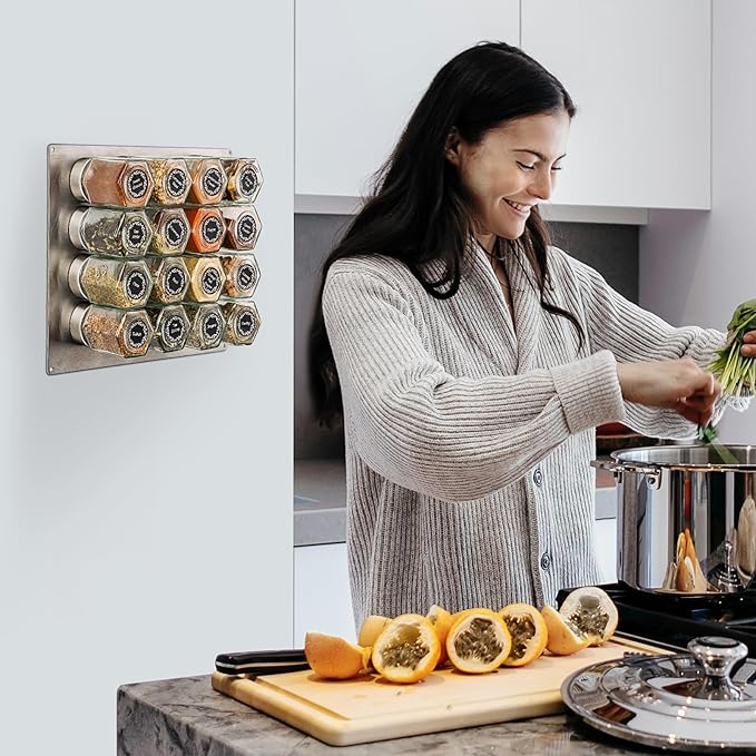 Art Secret 16-Pack Magnetic Hexagon Glass Spice Jars with 394pcs Labels, Shaker Lids and Stainless Wall-Plate (3 oz)