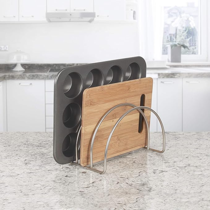 Spectrum Arch Kitchen Lid Organizer for Plates, Cutting Boards, Bakeware, Cooling Racks, Pots & Pans and Serving Trays, Satin Nickel