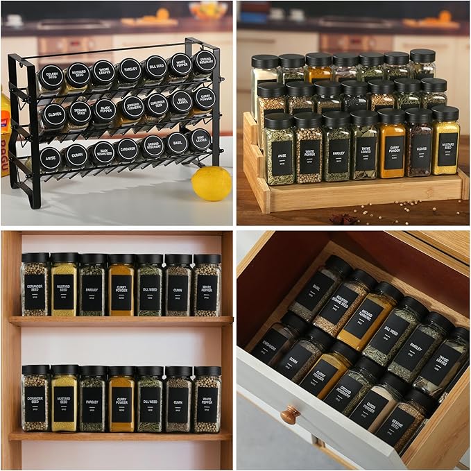 48 Glass Spice Jars with Labels,Spice Jar Set,4oz Seasoning Containers,Spice Containers with Black Airtight Lids and Shaker Lids,Square Empty Spice Bottles, 492 Labels,2 Marker Pens,1 Funnel