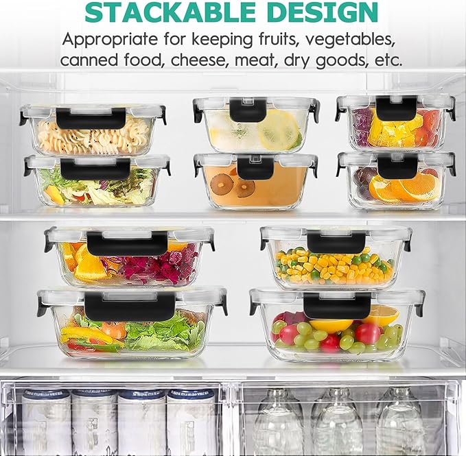 34pcs Glass Food Storage Containers with Lids Set, Airtight Glass Meal Prep Containers (17 Containers & 17 Lids), Leak Proof Lunch Containers BPA-Free, Microwave, Oven, Freezer, Dishwasher Safe-Black