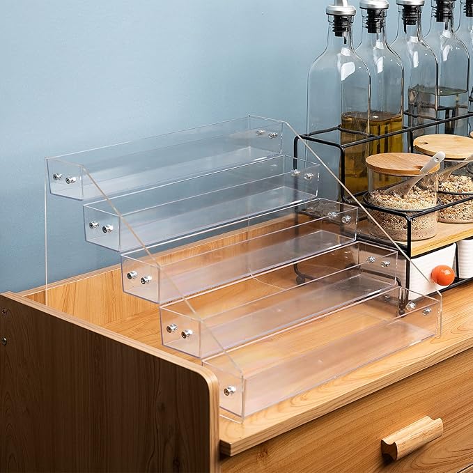 Acrylic Spice Rack, Tiered Spice Rack Shelf Seasoning Organizer for Countertop, Cabinet, Pantry, Kitchen Storage - 5 Tier, 2PCS