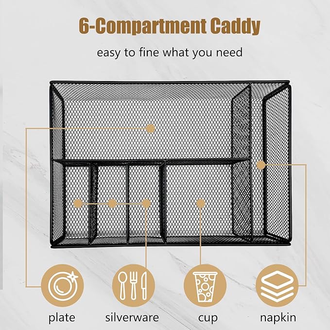 Metal Paper Plate Holder - Utensil Silverware Caddy for Kitchen Counter Cabinet Cutlery Flatware Organizer Storage Dispenser Box for Plastic Spoon Fork Plates Napkins Cup Party Camping Black