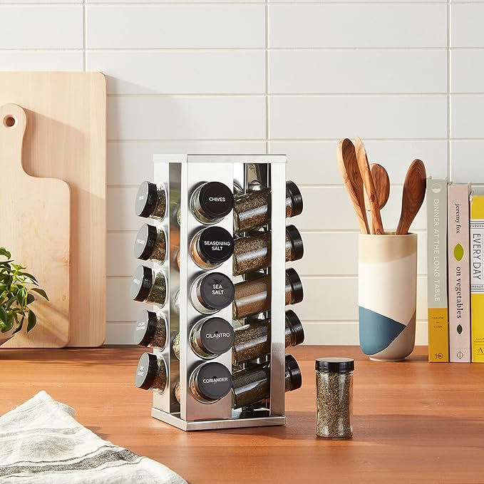 Kamenstein 20 Jar Heritage Revolving Countertop Spice Rack Organizer with Spices Included, FREE Spice Refills for 5 years, Brushed Stainless Steel with Black Caps