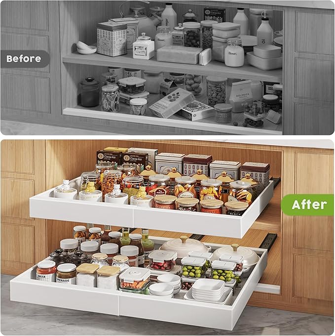 2 Pack Pull Out Cabinet Organizers 21"Deep With Raising Pad for Framed Cabinets,Expandable Slide Out Drawers Upgrade 3 Slide Rails,Roll Out Shelves Adhesive,Adjustable Width 15.2"-26.3" White