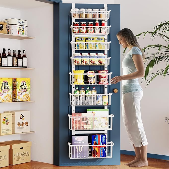 Over The Door Pantry Organizer, 8-Tier Over The Door Organizer with Adjustable Baskets, Metal Hanging Spice Rack for Pantry Organizers and Storage, Suitable for Kitchen Laundry Room & Bathroom, White