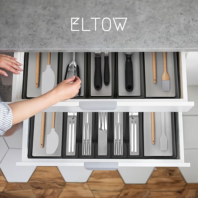 ELTOW Expandable Silverware Drawer Organizer & Utensil Tray Set, Non-Slip Kitchen Drawer Organizers and Storage, Kitchen Organization for Utensils, Cutlery, Office Supplies, Flatware Storage - Black