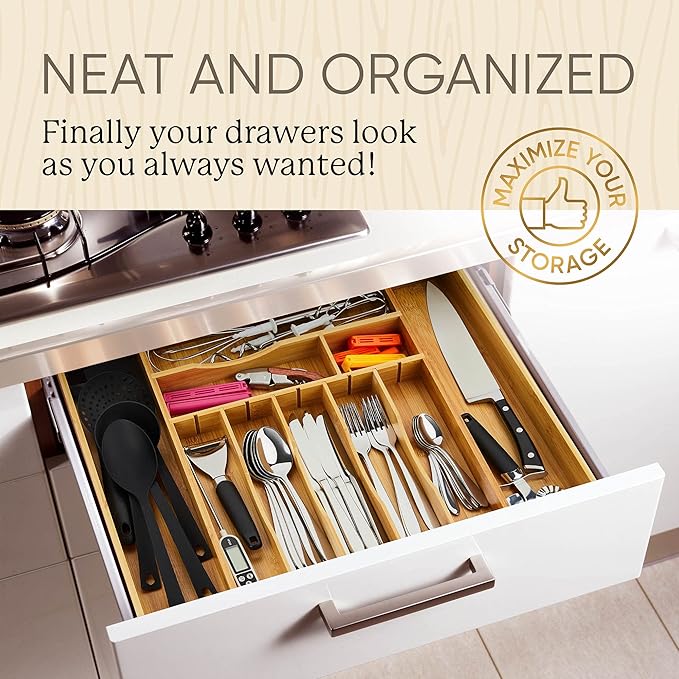 Night Tree Deep Bamboo Drawer Organizer – Expandable Utensil and Silverware Tray for Kitchen Cutlery and Flatware, Large Size (21.6" or 13.7" x 17" x 2.5")