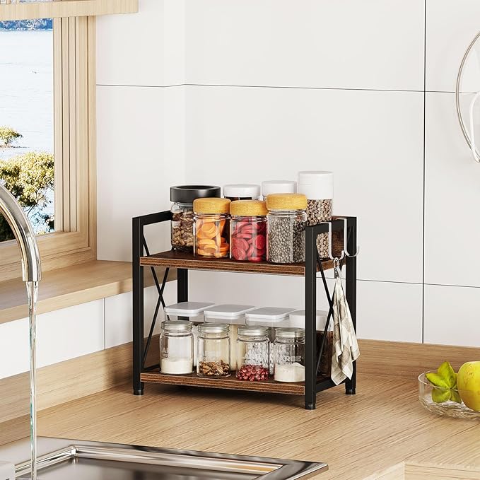 Snughome Kitchen Countertop Organizer,2 Tier Spice Rack Organizer for Countertop,Wood Kitchen Counter Shelf Organizer with Hooks (Rustic Brown,Small)
