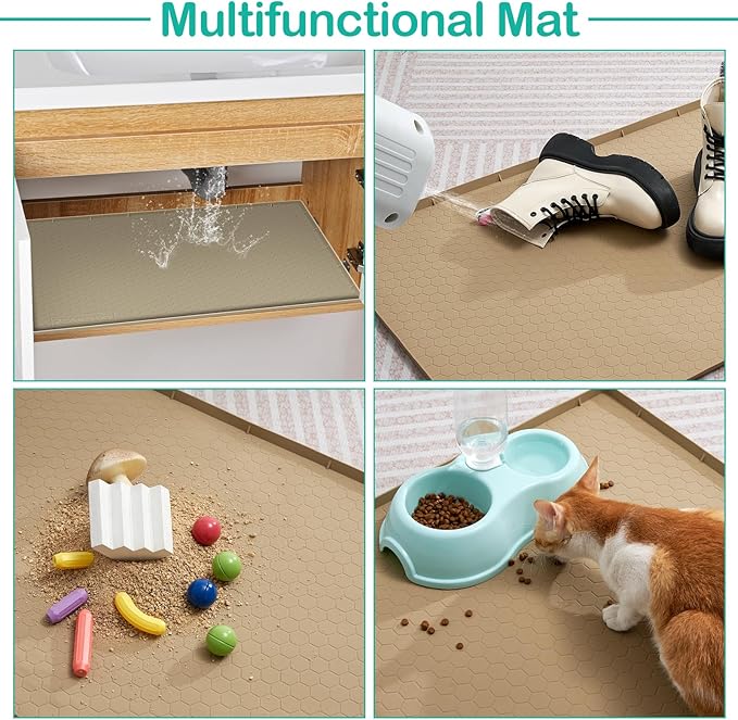 Waterproof Under Sink Mat 34" x 22", Silicone Cabinet Liner, Rubber Protector for Kitchen and Bathroom, Keeps Cabinets Clean, Dry, and Organized (Khaki)