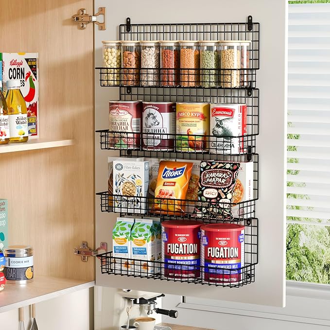 X-cosrack Spice Rack Organizer Wall Mounted 4-Tier Stackable Hanging Spice Storage Racks,Great for Kitchen and Pantry Storing Spices, Large with 5 Hooks, Up to Storage 80 Jars(Patent No.:D909138S)