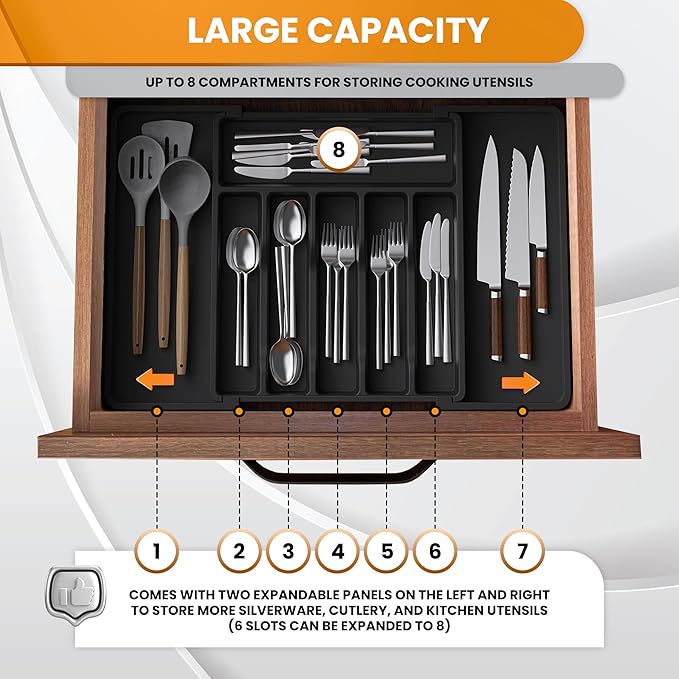 Adjustable Silverware Drawer Organizer - Utensil Drawer Organizer - Kitchen Organizers and Storage - Silverware Organizer - Kitchen Drawer Organizer - Utensil Organizer for kitchen Drawers