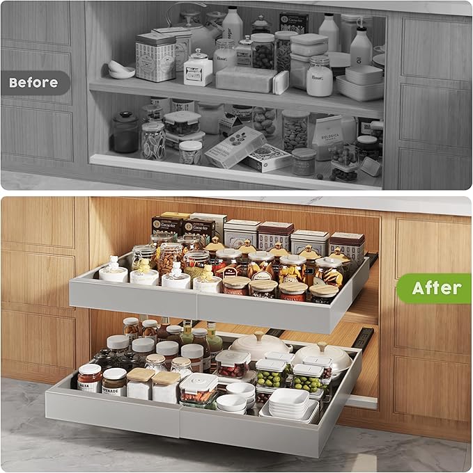 2 Pack Pull Out Cabinet Organizers 21"Deep With Raising Pad for Framed Cabinets,Expandable Slide Out Drawers Upgrade 3 Slide Rails,Roll Out Shelves Adhesive,Adjustable Width 12"-20.45" Silver