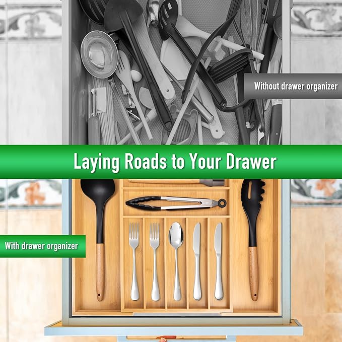 Large Expandable Utensil Organizer Silverware Organizer for Kitchen Adjustable Utensils Holder Bamboo Flatware Silverware Cutlery in Drawer (9 slot, Natural