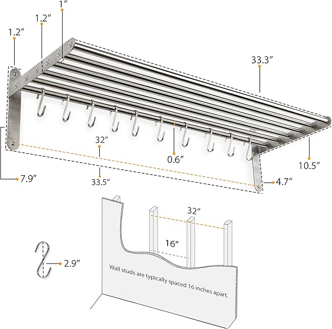 Wallniture Lyon Kitchen Organization and Storage Rack, Stainless Steel Metal Wall Shelf with 10 S Hooks for Hanging Pots and Pans, Chrome
