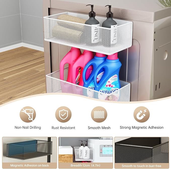 Magnetic Shelf for Washing Machine, Washer Dryer Shelf, Magnetic Lint Bin for Laundry Room, Spice Rack, Magnetic Basket Organizer for Laundry Kitchen, 1 Pack (White, 10.63''L*4.72''W*3.03''H)