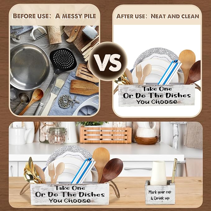 Suzile Cutlery Kitchen Utensil Holder Kit, 1 Kitchen Countertop Plate Holder and 1 Large Cup Organizer, Wooden Utensil Caddy Organizer for Plate Cup Fork Knives Spoon Straws Napkins Marker Condiment