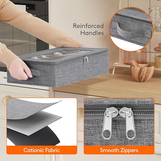 Lifewit Silverware Storage Box, Flatware Organizer with Zipper Lid, 5 Compartment Cutlery Case with Adjustable Divider and Handle, Utensil Container for Spoon Fork Knives Tableware, Gray, 1 Pack