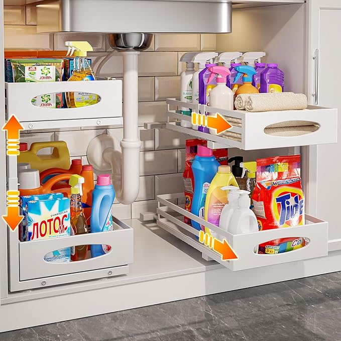 Under Sink Organizer, Pull Out Cabinet Organizers, Slide Sink Steel Shelf Cabinet Storage Shelves, Under Sink Storage for Kitchen Bathroom Cabinet (White, 2 Pack)