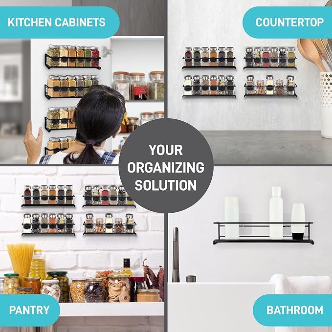Spice Rack Wall Mounted 4 Tier – Space-Saving Kitchen Spice Organizer for Seasonings – Screw or Adhesive Hanging – Wall Mount Hanging Spice Rack for Wall, Cabinet, Pantry Door – Black