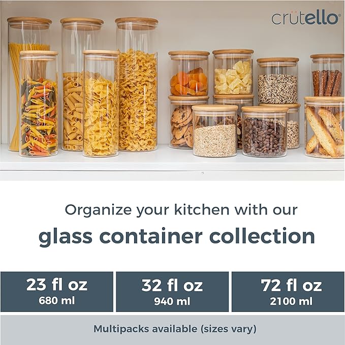 Crutello Glass Food Storage Containers with Bamboo Lids, Kitchen Glassware Canisters 4 Pack, One 54 & 32 oz, Two 23 oz, Pantry Glass Airtight Containers