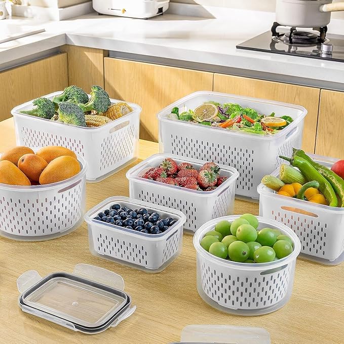 4 PCS Fruit Storage Containers for Fridge with Removable Colander, Airtight Food Storage Container, Dishwasher Safe Produce Saver Container for Refrigerator, Keep Berry Fruit Vegetable Fresh Longer