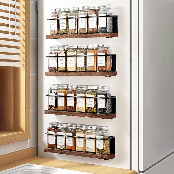 4 Pack Strong Magnetic Spice Rack Organizer for Refrigerator and Microwave Oven, Metal Fridge Shelf, Space Saver for Kitchen Organization and Storage, Black