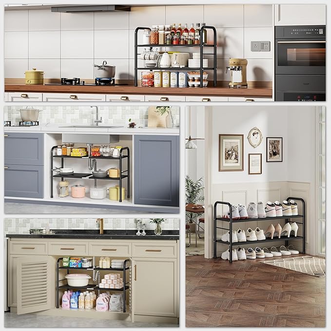 Under Sink Organizer, Kitchen Bathroom Organizers and Storage, shoe cabinet organizer with 8 Removable Panels, 2-Tier Expandable Multi-Purpose Storage Shelf (Expand from17.7 to 32.2")