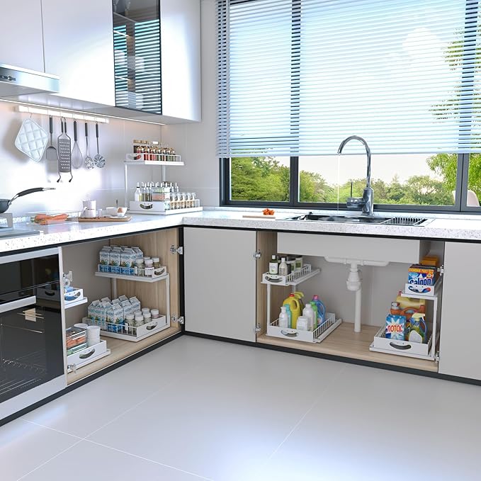 Under Kitchen Sink Organizers and Storage,2 Tier Sliding Cabinet Basket Organizer Drawer,Storage Shelves,Multi-Purpose Cabinet Organizers for Kitchen Bathroom.14.17X10.66 X 15.27In(White,1Pack)