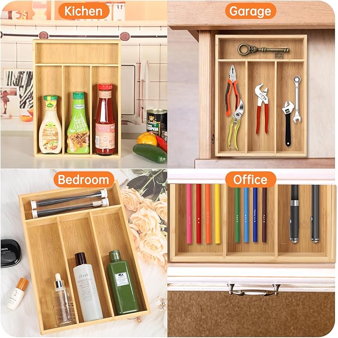 Bamboo Drawer Organizer for Utensils Holder, Drawer Dividers Organizer for Silverware, Flatware, Knives in Kitchen, Bedroom, Living Room, Office as Housewarmings, Wedding, Bridal Shower Gifts