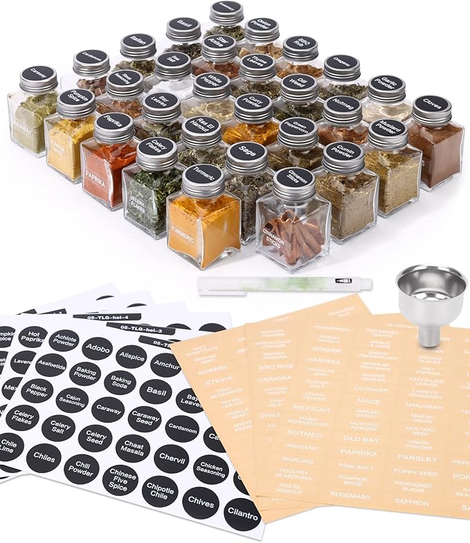 MIUKAA Unique Design Spice Jars with 372 Labels, 29-Pack 4.5 oz Personalized Cubic Clear Glass Spice Jars with Shakers, Lids, Empty Square Reusable Kitchen Storage Containers