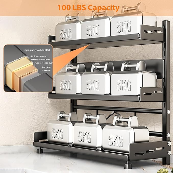 VORA Spice Rack for Countertop, 3 Tier Height-Adjustable Spice Organization for Cabinet, Kitchen Countertop Organizer, Metal Standing Large Seasoning Storage Shelf, Black