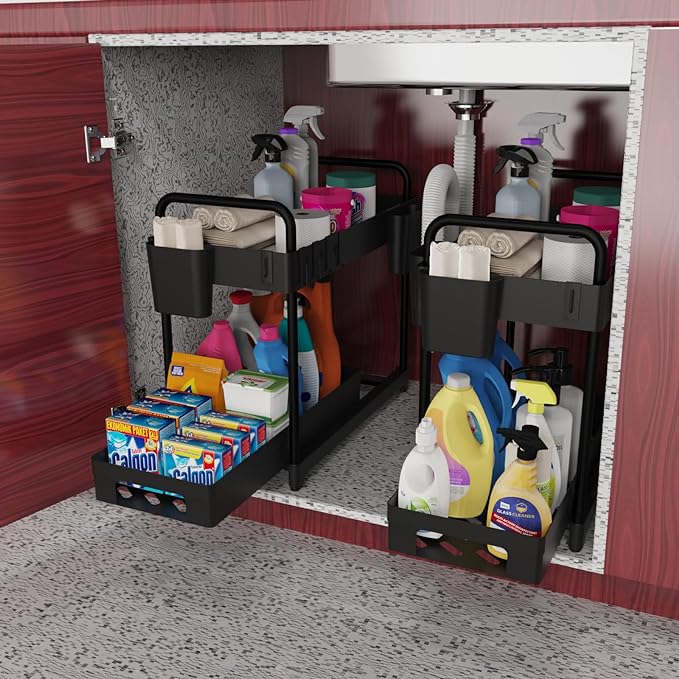 2 Pack Double-Layer Under Sink Organizer for Efficiently Utilizing Space, High Capacity and Space Saving, 2 Tier Sliding Under Sink Shelf with 4 Hooks and a Cup Slot(Black)