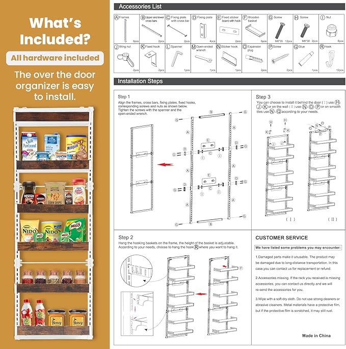 Over The Door Organizer - 6-Tier Pantry Organizer & Storage Shelf, Wooden Spice Rack with 12 Hooks, Multipurpose Behind Door Storage Solution for Kitchen, Bathroom, or Closet Wall Mount Use