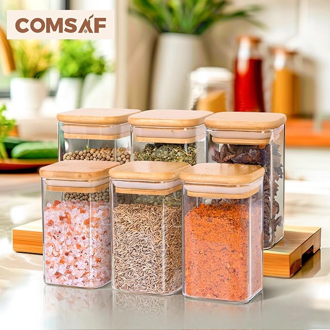 ComSaf 6Pcs 8oz Spice Jars with Label Trial Set, Glass Spice Jars with Bamboo Lids Supplementary, Spice Container Trial Set, Perfect for Ktichen Starter