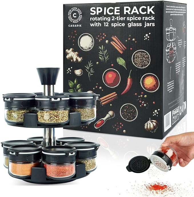 Rotating Spice Rack Organizer - 2-Tier Spice Carousel with 12 Empty Glass Jars, Dual-Lid, Preprinted & Blank Labels, Space-Saving Countertop Spice Storage