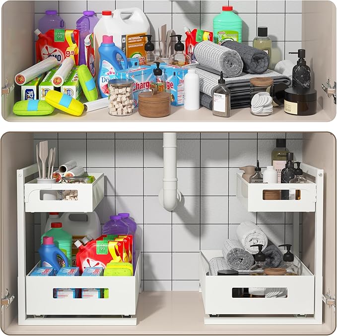 Sturdy Full Metal Organizer and Storage, 7 Height Adjustable, for Under Sink, Kitchen, Bathroom, Pantry, Cabinet, Closet with Mesh Sliding Bottom Drawer, Slides Out & In Smoothly