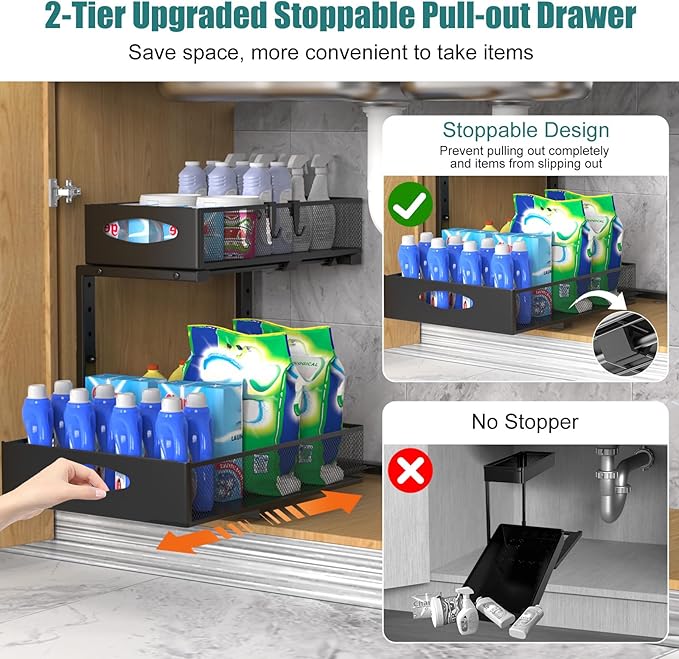 1 Pack Large Under Sink Organizer, 2 Tier Metal Pull Out Under Sink Storage with Sliding Mesh Drawers, Height Adjustable Slide Out Under Cabinet Organizer for Kitchen Bathroom, Black