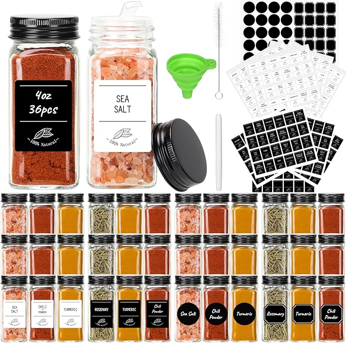 CycleMore 36 Pack 4oz Glass Spice Jars, Square Spice Containers with Black Metal Caps and Pour/Sift Shaker Lid-280pcs Labels,1pcs Silicone Collapsible Funnel and Brush Included