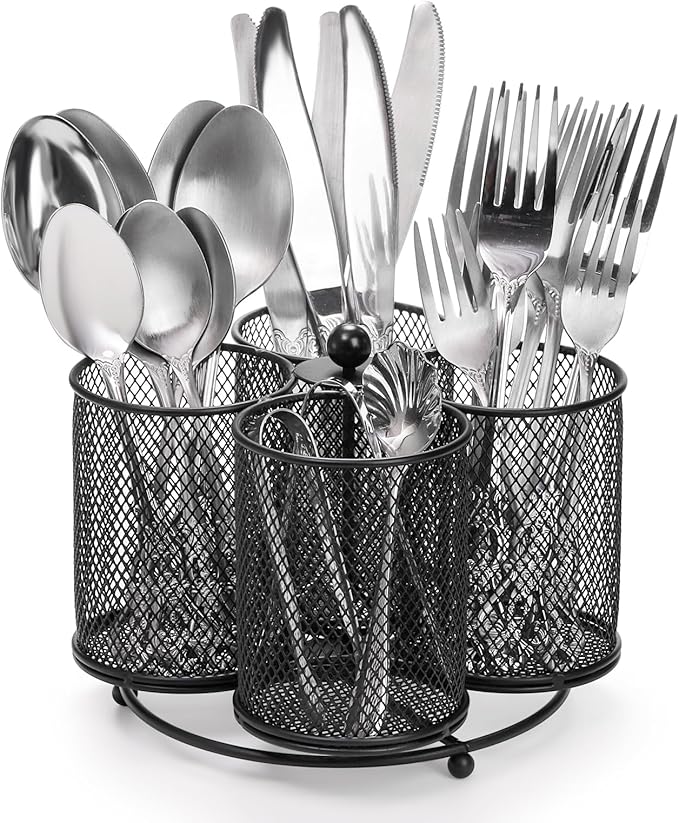 Peohud Rotating Utensil Holder, 4 Compartment Silverware Cutlery Caddy, Metal Flatware Organizer for Spoons, Knives, Forks and Napkin